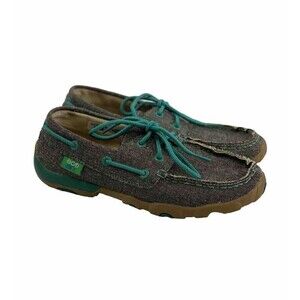 BOGO Twisted X Eco Boat Shoe Driving Mocs Brown Canvas Teal Lace Up Comfort W 6